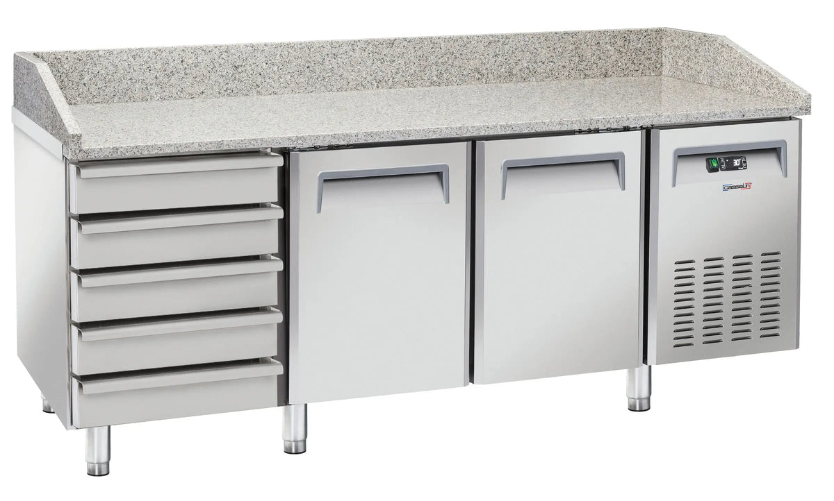 Table à pizza réfrigérée 5 tiroirs 2 portes en inox avec plan de travail en granit
