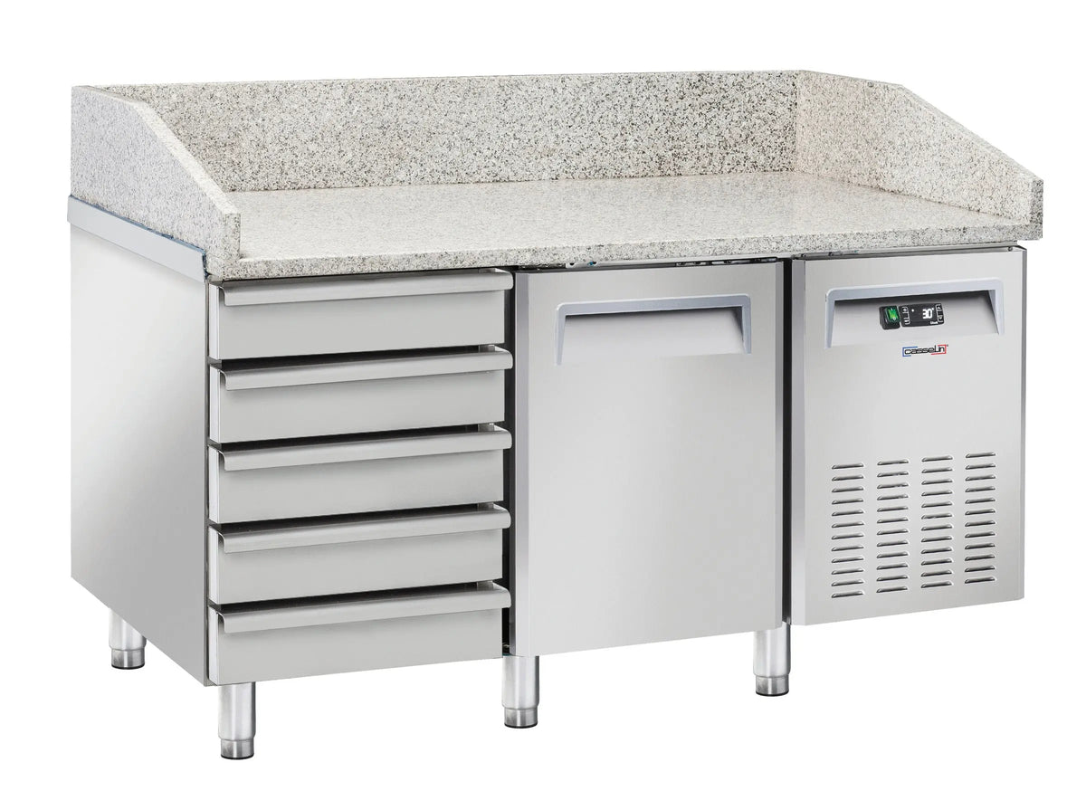Table à pizza réfrigérée 5 tiroirs 1 porte en inox avec plan de travail en granit