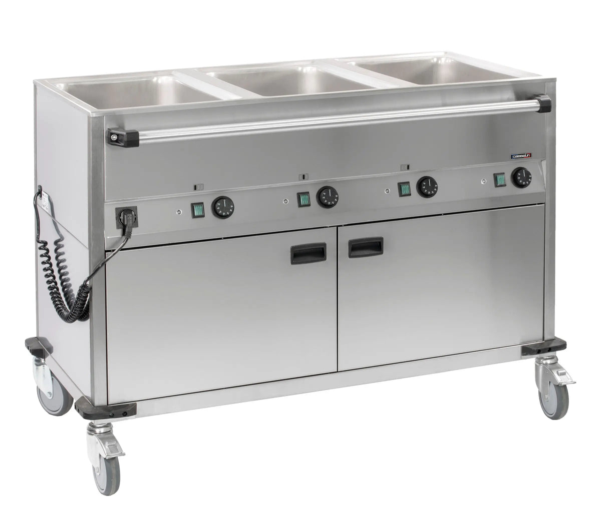 Chariot bain-marie inox 3 cuves GN 1/1 avec soubassement chauffant, largeur 1250 mm