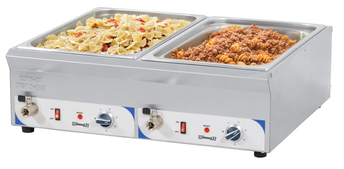 Double bain-marie inox format bas, 2 cuves GN 1/1 de 100 mm et 2 vannes de vidange