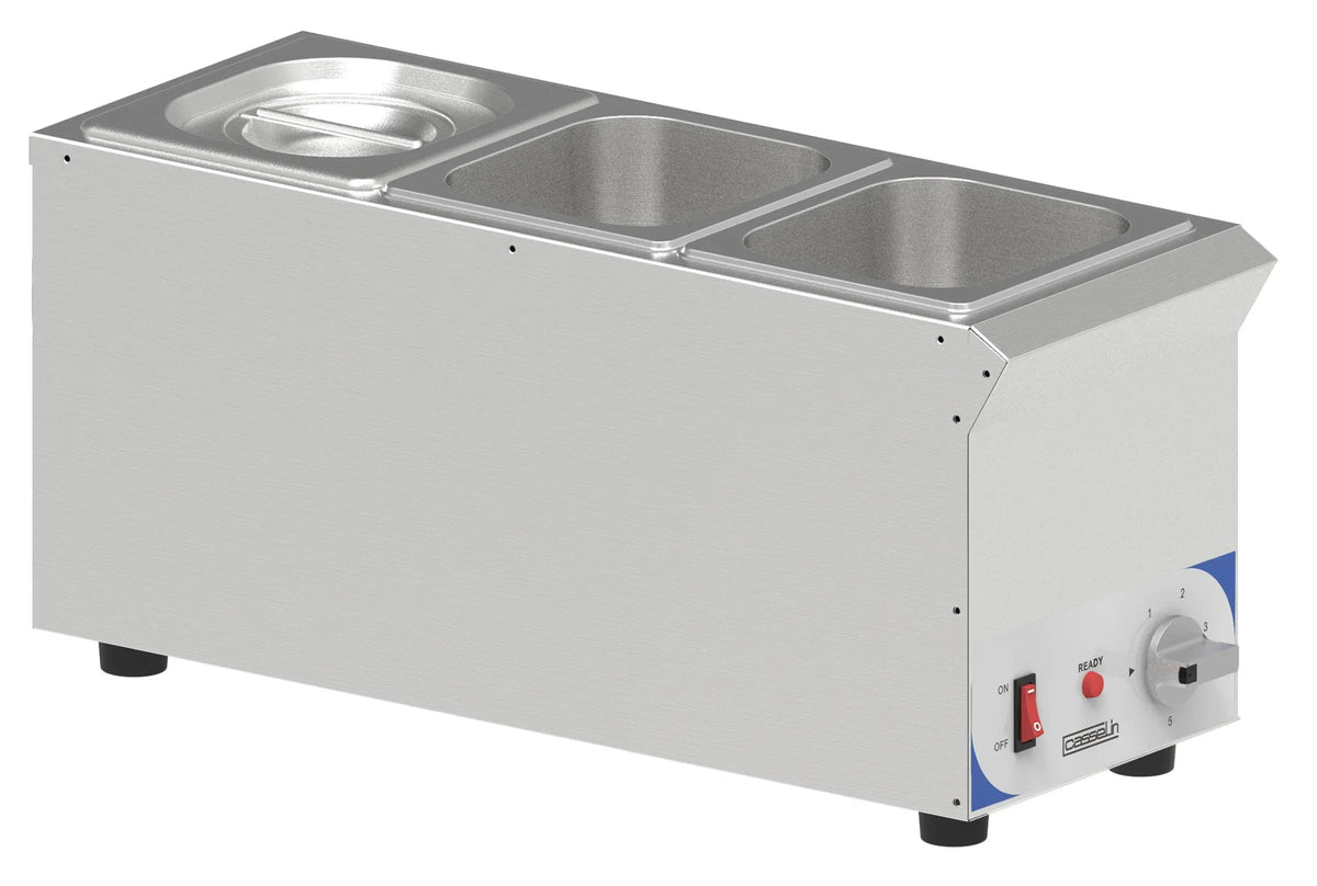 Bain-marie à sauce chauffe à sec 3 x GN 1/6 avec louche et couvercles inox