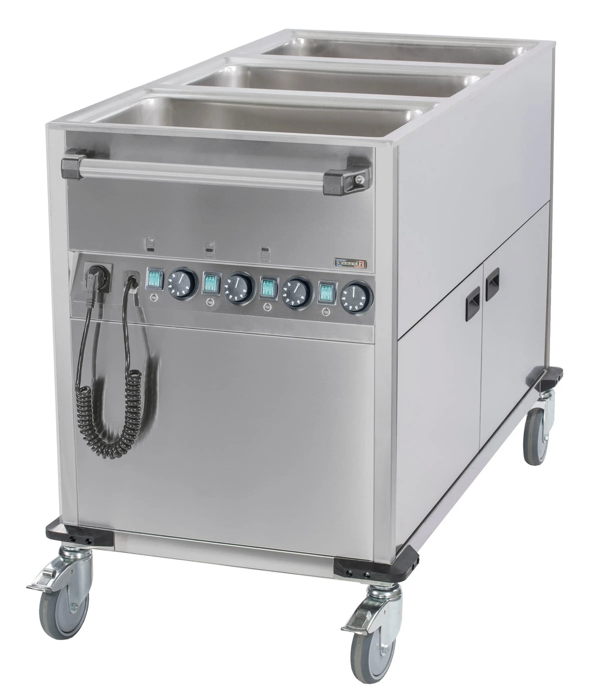 Chariot bain-marie inox 3 cuves GN 1/1 avec soubassement chauffant, largeur 700 mm
