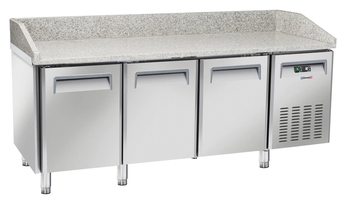 Table à pizza réfrigérée 3 portes en inox avec plan de travail en granit