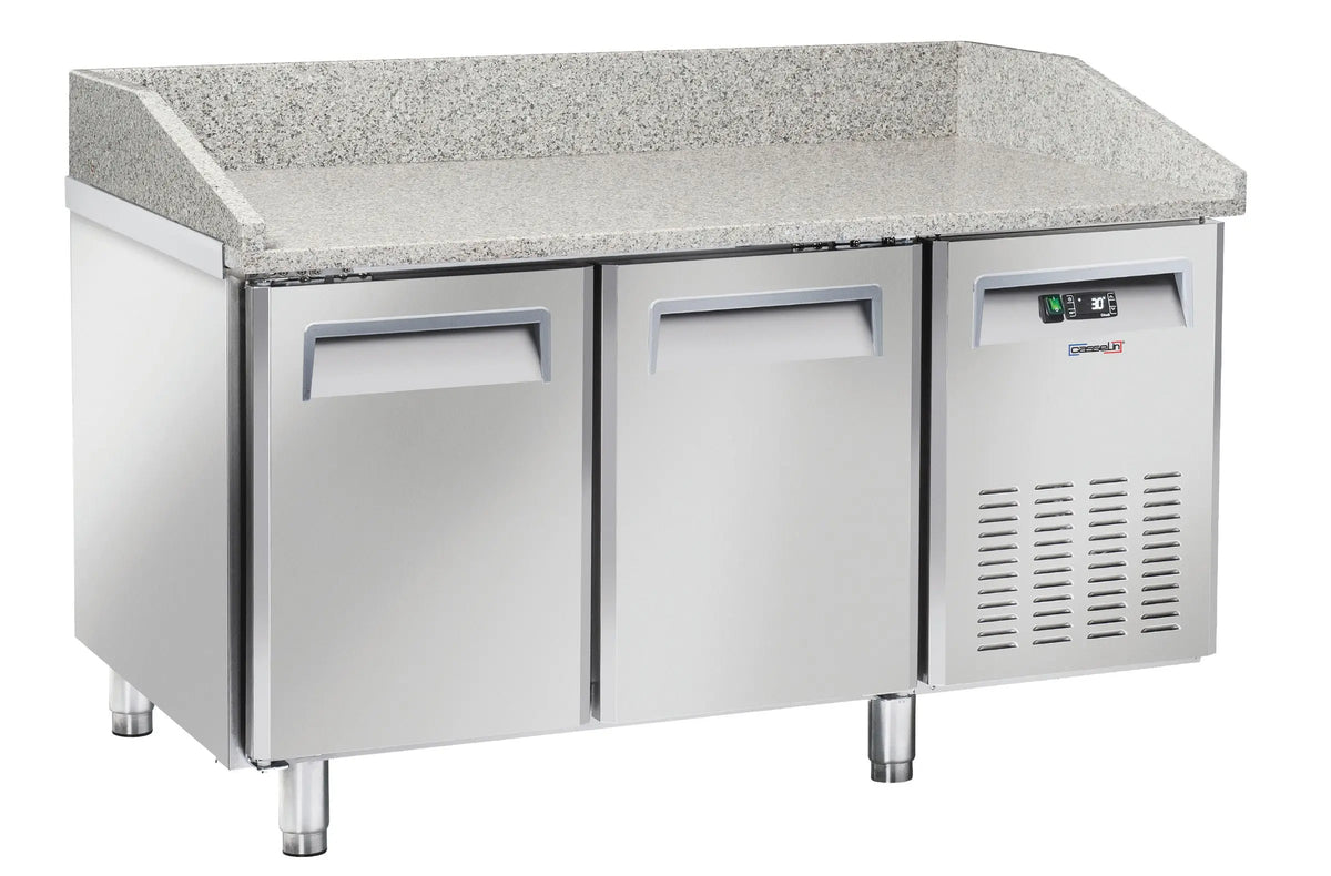 Table à pizza réfrigérée 2 portes en inox avec plan de travail en granit
