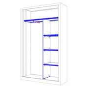 Kit penderie installé dans une armoire à rideaux haute : porte-cintres, séparation verticale et petites tablettes
