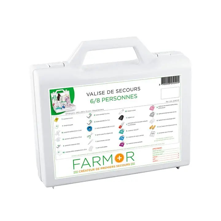 Valise de premiers secours Multirisques Farmor pour 6 à 8 personnes, coque blanche et poignée
