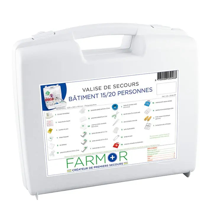 Valise de premiers secours Farmor Bâtiment 15 à 20 personnes, mallette blanche murale pour chantier BTP