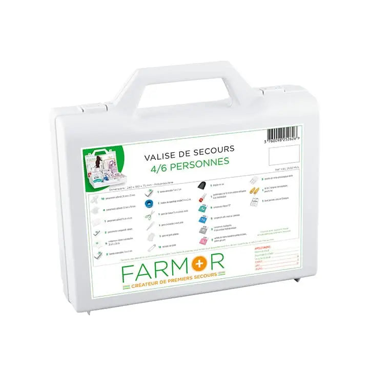 Valise de secours Farmor Multirisques 4/6 personnes en polypropylène blanc avec support mural