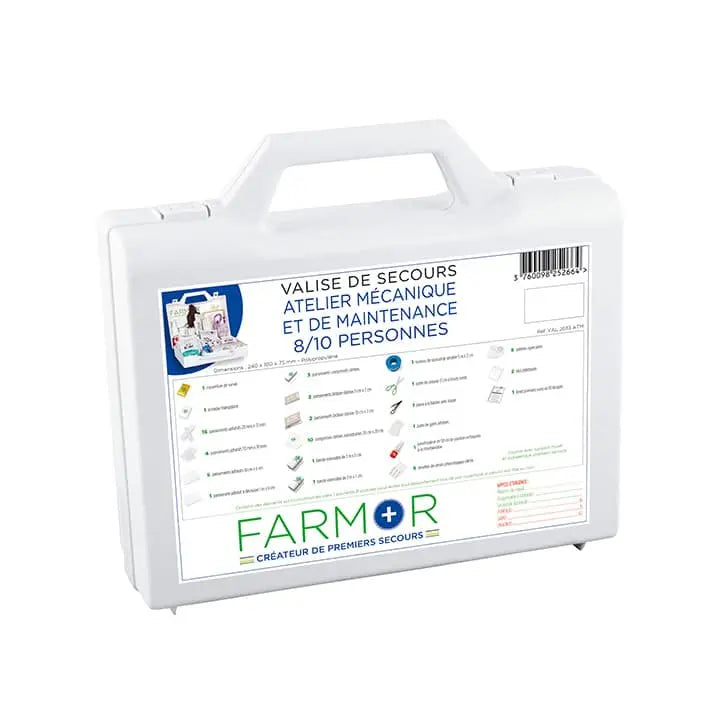 Valise de secours murale Farmor VAL 2633 ATM en polypropylène blanc pour ateliers mécaniques de 8 à 10 personnes