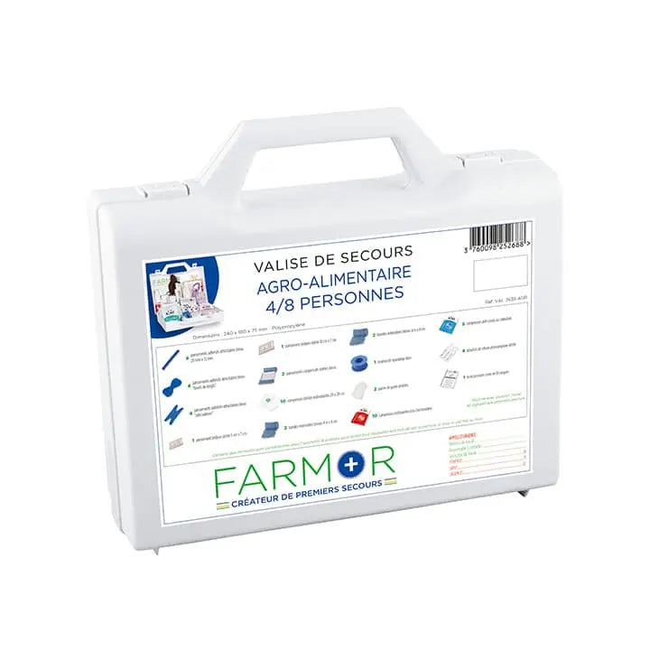 Valise de secours Agroalimentaire Restauration 4/8 personnes Farmor VAL 2635 AGR blanche à pochette alvéolée et pansements bleus