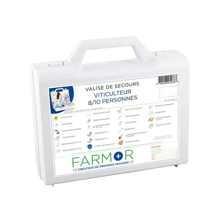 Valise de secours Viticulteur 8/10 personnes Farmor, polypropylène blanc avec poignée et support mural