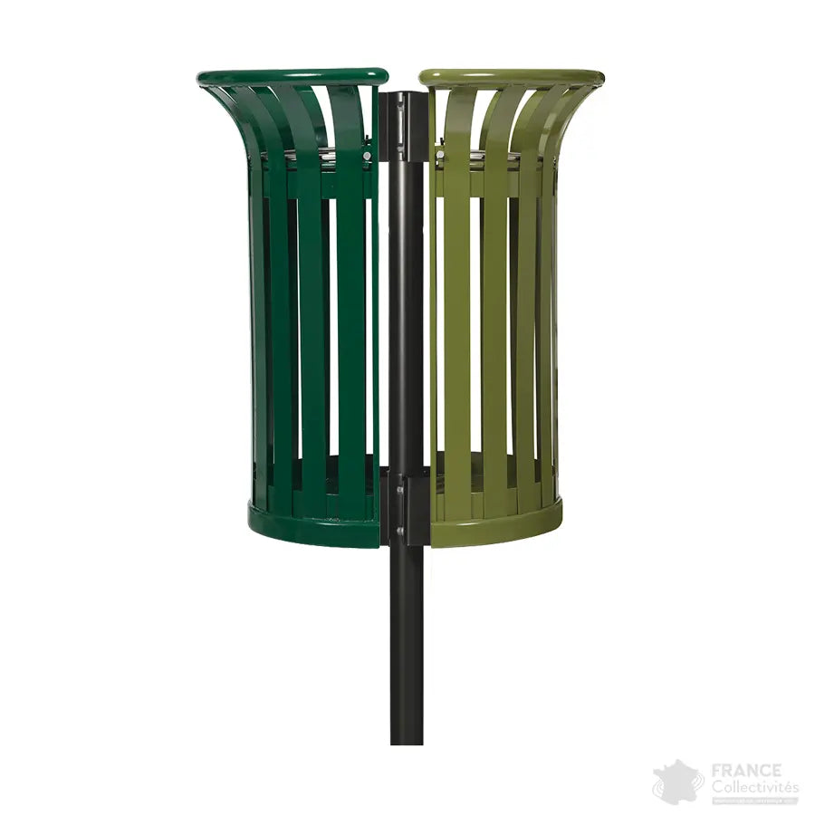 Corbeille Tulipe demi ronde 2x35L sur poteau-Vert olive-Vert mousse