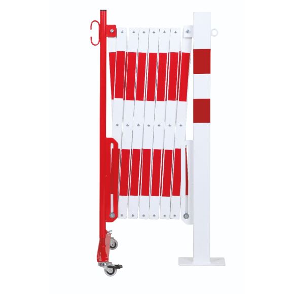 barrière extensible rouge-blanc 4m avec poteau 70x70 et rouleaux