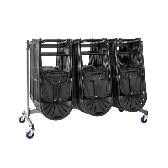 Chariot en acier thermolaqué 160x110x115 cm conçu pour le transport et le stockage des chaises pliantes FLORENCE. Capacité de 36 chaises, roues pivotantes avec freins, structure robuste et compatible chariot élévateur pour une manutention facile.