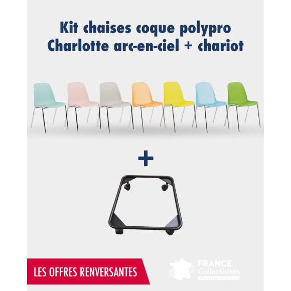 Kit chaises coque polypro Charlotte arc-en-ciel avec chariot de transport