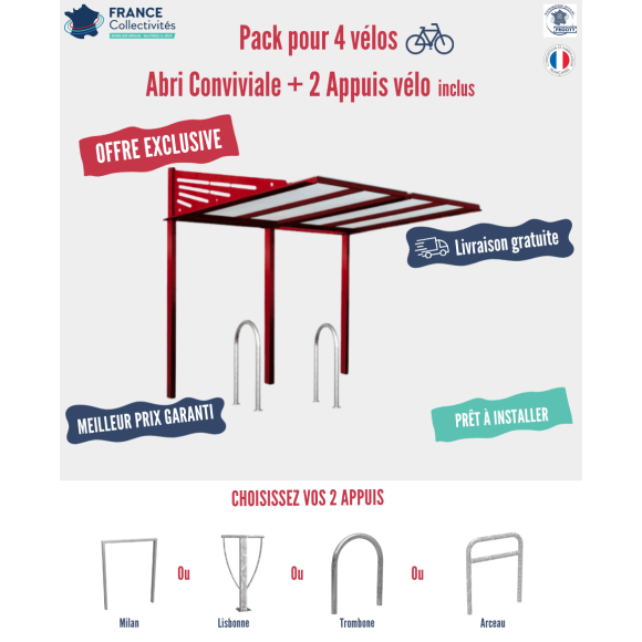 Pack abri vélos Conviviale + appuis au choix - 4 places