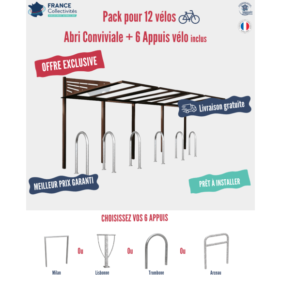 Pack abri vélos Conviviale + appuis au choix - 12 places