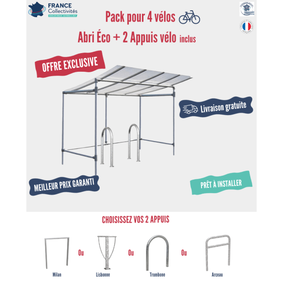 Pack abri vélos Éco + appuis au choix - 4 places