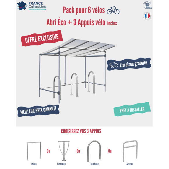 Pack abri vélos Éco + appuis au choix - 6 places