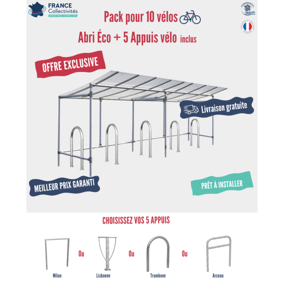 Pack abri vélos Éco + appuis au choix - 10 places