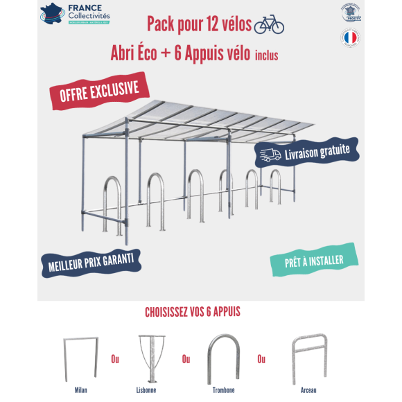 Pack abri vélos Éco + appuis au choix - 12 places