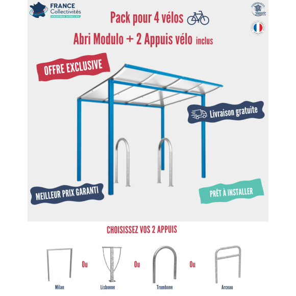 Pack abri vélos Modulo + appuis au choix - 4 places