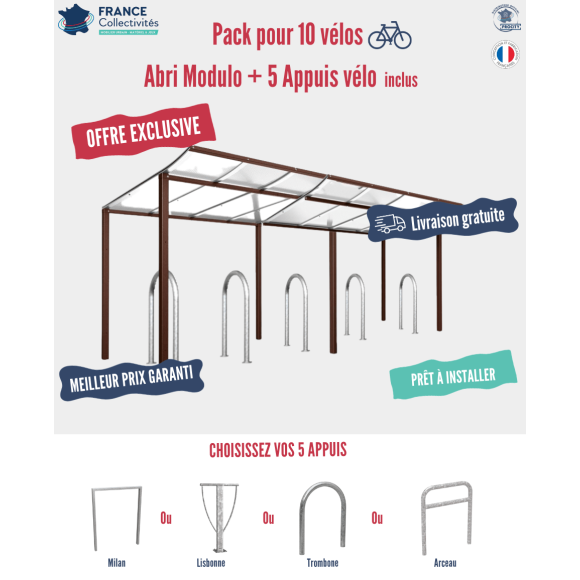 Pack abri vélos Modulo + appuis au choix - 10 places