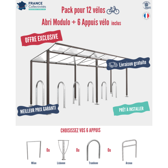 Pack abri vélos Modulo + appuis au choix - 12 places