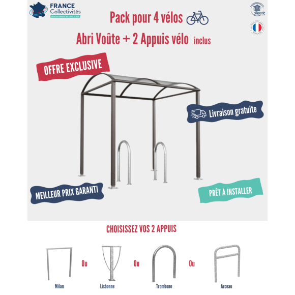 Pack abri vélos Voûte + appuis au choix - 4 places