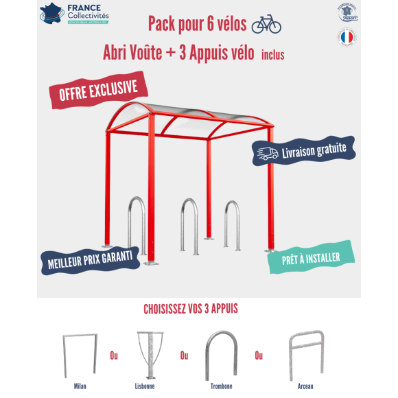 Pack abri vélos Voûte + appuis au choix - 6 places