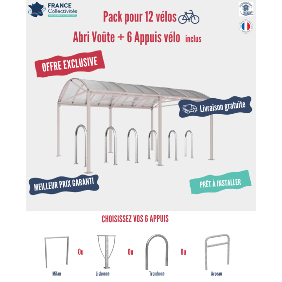 Pack abri vélos Voûte + appuis au choix - 12 places