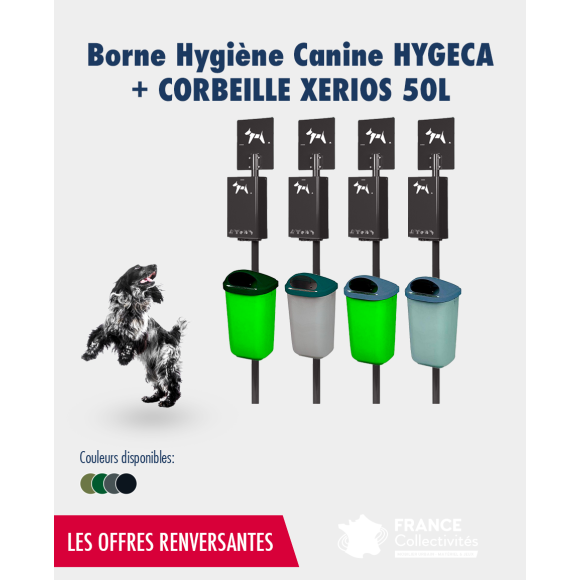 Promotion sur la borne canine Hygeca 500 sacs liasses avec corbeille Xerios polypropylène 50L