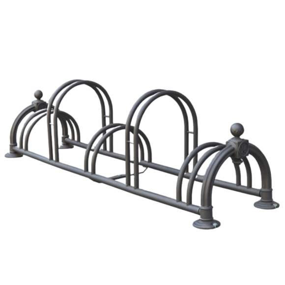 Range 3, 5 ou 10 vélos Versailles double niveau. Compatible avec tous types de pneus jusqu’à 55 mm de largeur. Fabriqué en acier robuste avec arceaux en aluminium, disponible en finition peinture époxy noir ou rouille. 